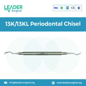 A set of 13K and 13KL periodontal chisels with fine, angled blades for precise interproximal and furcation bone surgery.