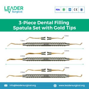 A set of three dental filling spatulas with gold-plated tips, varying in size and flexibility, for mixing and placing dental materials.