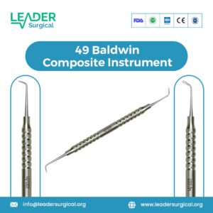 A specialized 49 Baldwin dental composite instrument with a unique, fine, angled tip for detailed placement and carving of composite.