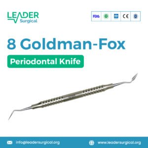 A Goldman-Fox periodontal knife, size 8, with a curved, scalpel-like blade for precise gingival incisions.