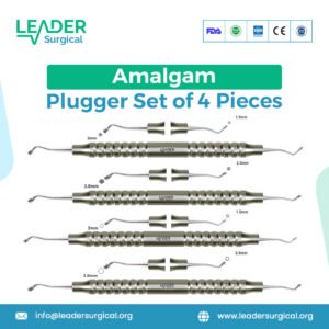 A set of four stainless steel dental amalgam pluggers with various flat and serrated tips for condensing amalgam.