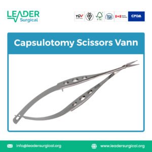 Vann Capsulotomy Scissors, delicate angled ophthalmic scissors for cutting the lens capsule during cataract surgery.
