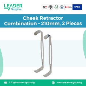 Set of two long 210mm cheek retractors for simultaneous bilateral retraction, providing maximum oral access for full arch dental procedures and surgery.