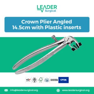 An angled 14.5cm dental crown plier with replaceable white plastic inserts in its tips, shown on a sterile blue pad for dental crown and bridge work.
