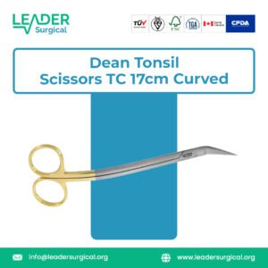 Long, curved Dean Tonsil Scissors with gold Tungsten Carbide inserts, 17cm surgical scissors for deep tissue and tonsillectomy procedures in oral surgery.