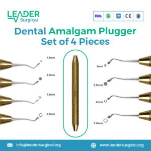 A set of four stainless steel dental amalgam pluggers with various flat and serrated tips for condensing amalgam.