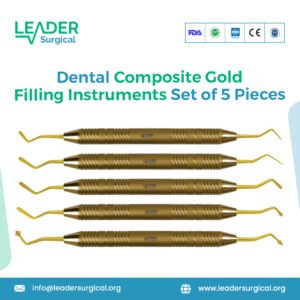 A set of five dental composite filling instruments with gold plated tips for placing, condensing, and carving composite resin.