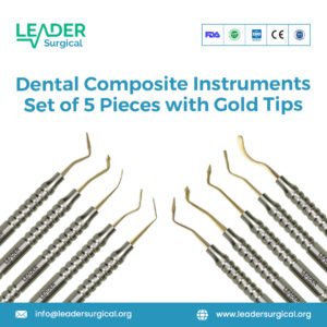 A premium 5-piece dental composite instrument set with gold-plated, non-stick tips, including condensers, carvers, and a placement tool.