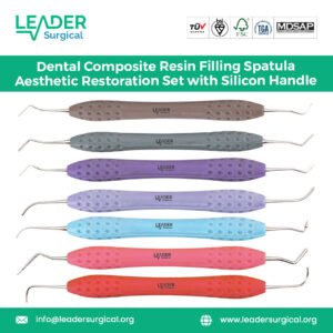 A specialized set of aesthetic composite filling spatulas with thin, flexible blades and fine tips for precise placement and layering of resin.