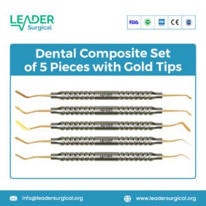 A 5-piece dental composite instrument set with gold-plated tips, featuring essential tools for placement, condensation, and carving on a blue background.