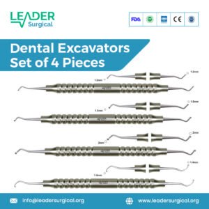 A set of four stainless steel dental excavators with sharp, spoon-shaped tips for removing caries and cleaning cavity preparations.