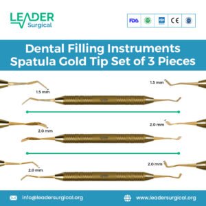A set of three dental filling spatulas with gold plated tips for mixing and placing composite and other materials.