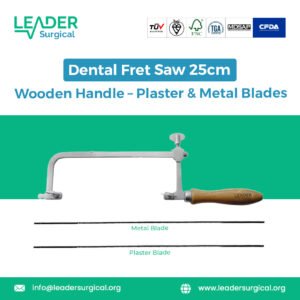 A 25cm dental fret saw with a wooden handle and interchangeable blades for cutting plaster models and light metal, laid on a blue surface.