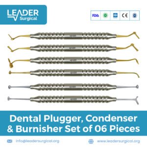 A set of six dental instruments including pluggers, condensers, and a burnisher for condensing and finishing direct restorations.