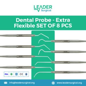 A set of eight extra flexible dental probes with highly bendable, marked tips for atraumatic subgingival exploration.