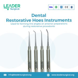 A set of dental restorative hoes, double-ended hand instruments with chisel-like blades set at an angle, used for planing cavity walls and floors.