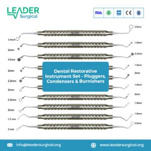 A comprehensive dental restorative instrument set including pluggers, condensers, and burnishers arranged neatly in a sterilization tray.