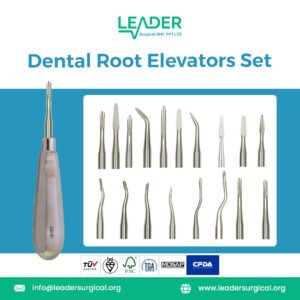 Comprehensive set of dental root elevators including various patterns for engaging, loosening, and removing root tips and fragments from extraction sockets.