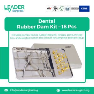 A professional dental rubber dam kit with 18 pieces, including clamps, a punch, forceps, frame, dam sheets, and accessories, organized for immediate use.