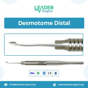 A distal desmotome with an angled tip designed for accessing and cutting the periodontal ligament on the distal aspect of a tooth.
