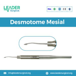 A mesial desmotome with an angled tip designed for accessing and cutting the periodontal ligament on the mesial aspect of a tooth.
