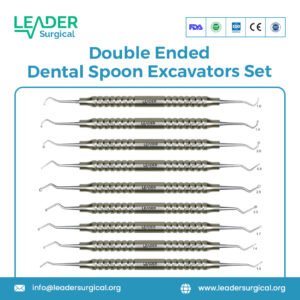 A set of double-ended dental spoon excavators with sharp, curved tips of various sizes for precise caries removal and cavity cleaning.
