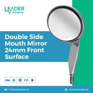 A double-sided dental mouth mirror with a 24mm diameter front-surface reflective coating on both sides.
