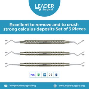 A heavy-duty dental instrument set featuring robust scalers and chisels designed for fracturing and removing tenacious calculus deposits.