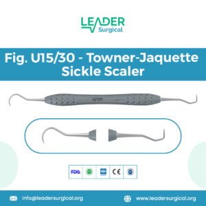 A Towner-Jaquette sickle scaler, model U15/30, with a double-ended, pointed triangular tip for supragingival calculus removal.