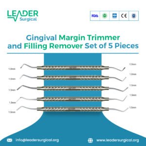 A set of five dental instruments including gingival margin trimmers and filling removers, designed for refining cavity margins and excavating old restorations.