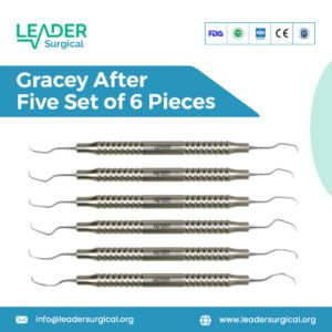 A set of six Gracey After Five periodontal curettes with extended, thinner shanks for deep pocket scaling.