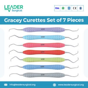 A comprehensive set of seven Gracey dental curettes with various curved blades for area-specific periodontal scaling and root planing.