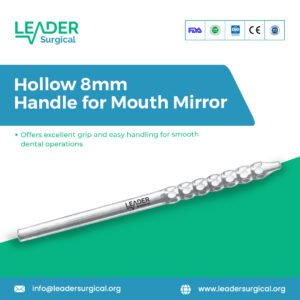 An 8mm diameter hollow handle for a dental mouth mirror, designed to be lightweight and reduce hand fatigue.