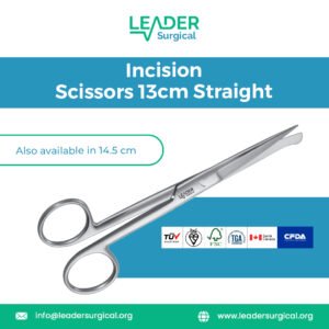 Straight Incision Scissors 13cm, general-purpose surgical scissors for making precise incisions and cutting sutures, bandages, and light tissue.