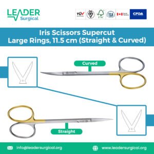 Iris Scissors Supercut with large rings, 11.5cm straight and curved, microsurgery scissors for precise cutting in ophthalmic and delicate procedures.