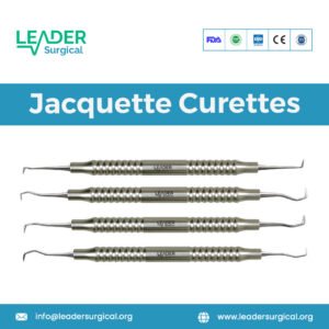 A set of Jacquette dental curettes with straight handles and curved, triangular tips for supragingival calculus removal.