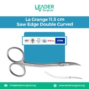 La Grange Scissors 11.5cm with double curved blades and serrated saw edge, microsurgical utility scissors for cutting fine, tough materials in ophthalmic surgery.