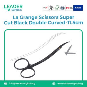 Black La Grange Super Cut Scissors 11.5cm double curved, microsurgical scissors with ultra-sharp blades for reduced glare precision cutting.