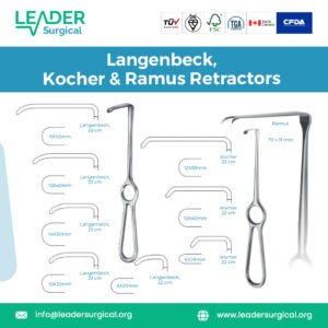 Set of three surgical retractors (Langenbeck, Kocher, Ramus) for multi-purpose soft tissue and periosteal retraction in dental and oral surgery.