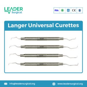 A set of Langer universal curettes with curved, double-ended blades for periodontal scaling on all tooth surfaces.