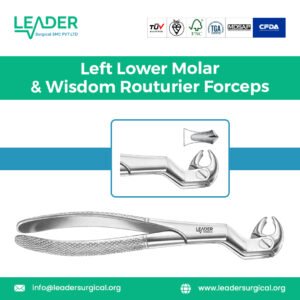 Left-sided Routurier pattern dental forceps for extracting mandibular molars and third molars (wisdom teeth) on the patient's left side.