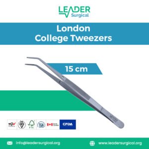 London College pattern dental tweezers with a distinctive angled tip and cross-hatched grip for secure handling of orthodontic wires and small components.