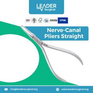 Straight dental nerve canal pliers with fine, serrated tips for grasping and removing endodontic instruments, paper points, or gutta-percha from root canals.