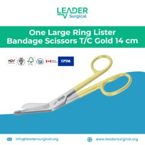 One large ring Lister Bandage Scissors with gold Tungsten Carbide inserts, 14cm length for safe cutting of bandages and dressings in dental clinic.