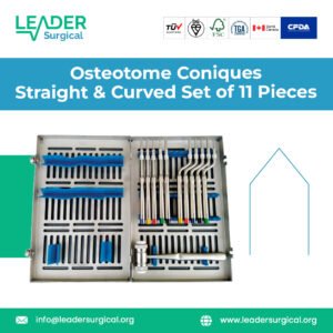 Osteotome Coniques Straight & Curved Set of 11 Pieces professional dental osteotome kit with straight and curved tips for bone manipulation during implant and surgical procedures