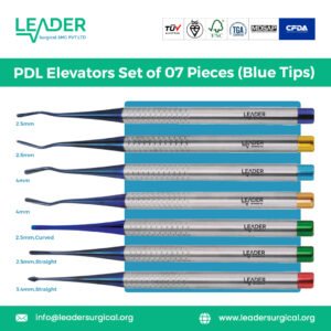 Seven piece periotome and luxator set for severing the periodontal ligament during atraumatic dental extractions, featuring varied tip designs.