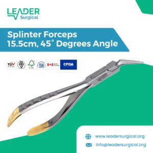 Angled 45 degree splinter forceps 15.5cm long for improved access when removing foreign objects or calculus from posterior gingival pockets and tissues.