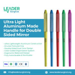 An ultra-lightweight aluminum handle designed to hold a double-sided dental examination mirror.