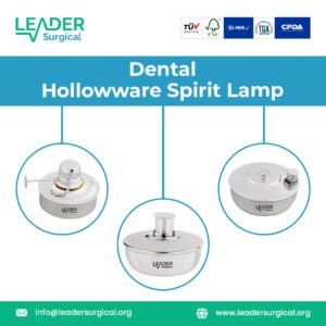 A classic dental hollowware spirit lamp made of stainless steel, featuring a fuel reservoir, a threaded wick holder, and an adjustable flame for heating instruments in a clinical setting.