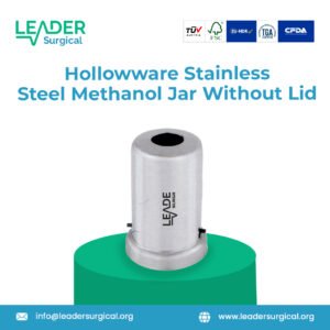 A cylindrical, open-top hollowware stainless steel jar designed for holding methanol or other laboratory solutions in a dental lab, featuring a seamless, pour-friendly design.